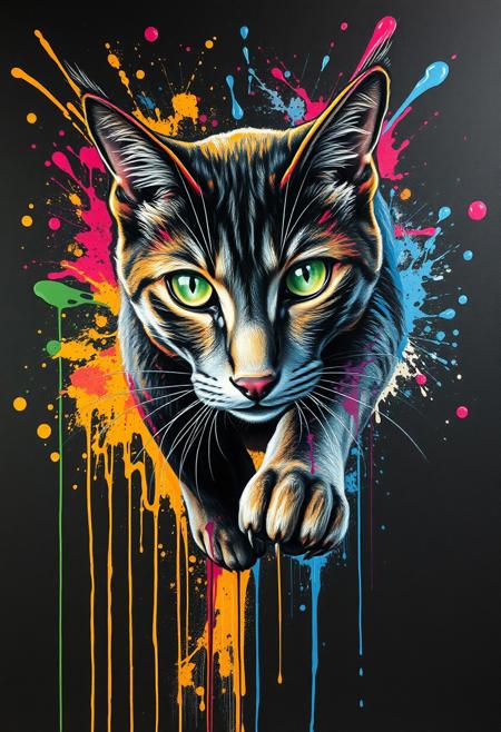 "Create a photorealistic image of a vibrant, dynamic splash of acrylic paint against a black wall. The paint forms the shape of a running cat, with bold, expressive brushstrokes and vivid colors. As the paint drips and runs down the wall, the cat's form becomes more defined, with intricate details and textures emerging. The cat's eyes are the focal point, rendered in stunning detail with sparkling, shining pupils and irises that seem to gleam with life. The eyes are a bright, piercing green, with delicate, swirling patterns that add depth and dimension. The surrounding paint splatters and drips are highly detailed, with visible texture and sheen, as if the paint is still wet and glistening. The overall effect is one of dynamic energy and movement, as if the cat is leaping off the wall." Highest-Quality, 4k, intricate details, visually stunning, Masterpiece