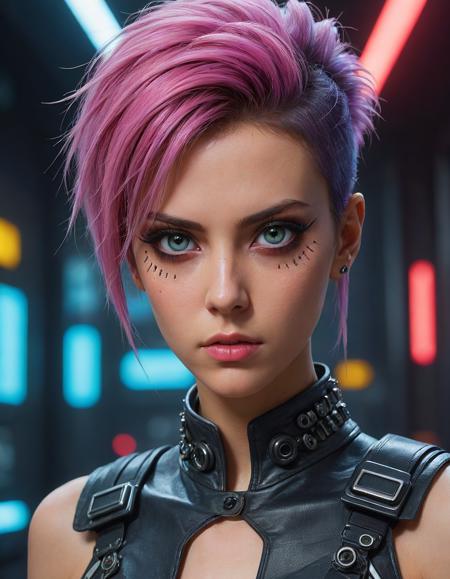 photo of a woman as a sexy punk cyborg in an (80s movie:1.2), (cyberpunk science fiction:1.2), modelshoot style, (extremely detailed CG unity 8k wallpaper), Intricate, High Detail, Sharp focus, dramatic, photorealistic, (Blade Runner style:1.2), ((punk outfit:1.2)), (long trousers), ((vivid atmosphere)), (looking at viewer:1.2), (detailed pupils:1.3), ((closeup portrait:1.1)), ((80s style))