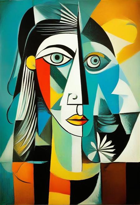 masterpiece, best quality, illustration, style of Pablo Picasso, cubist, complementary colors, abstract landscape,
