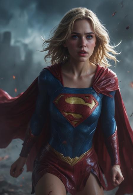 High resolution ultra-realistic of Beautiful Supergirl fighting against alien invasion, cinematic style, standing on a bloody and stormy battlefield in a fighting pose, bloody massacre, realistic blue combat costume, red mini skirt, red cape, perfect athletic figure, wavy blonde hair, handsome dirty bloody face, beautiful perfect detailed pupils, wet oily shiny skin, covered in dirty and blood, beautiful firm Breasts, defiant and seductive, attractive 21 year old Supergirl, 8k resolution concept art portrait by Greg Rutkowski, Kiernan Shipka, Dark Gotham City, Artgerm, WLOP, Alphonse Mucha, dynamic lighting, hyperdetailed, intricately detailed, Splash art trending on Artstation triadic colors, Unreal Engine, 5 volumetric lighting, Cinematic Lighting, intricate, smooth, sharp focus digital painting, Asymmetrical Balance, realistic eyes, ultra detailed atmospheric details, sparkle effects, realistic body proportions, beautiful body Supergirl proportions, complex masterpiece, dramatic atmosphere