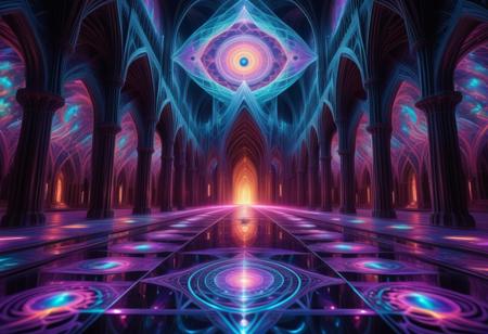 A surreal dreamscape taken from the mind of a person on DMT. A vast, infinite cathedral made of shifting, self-replicating fractals, glowing in iridescent neon colors. The walls are alive, pulsing with sacred geometry and impossible patterns that fold into themselves. Ethereal, multidimensional beings with elongated, crystalline bodies and radiant, all-seeing eyes float through the space, communicating in telepathic waves of color. The atmosphere is electric with an alien presence, a fusion of cosmic intelligence and ancient wisdom. The floor morphs between liquid metal and translucent glass, reflecting infinite realities. Ultra-detailed, hyper-realistic, cinematic lighting.