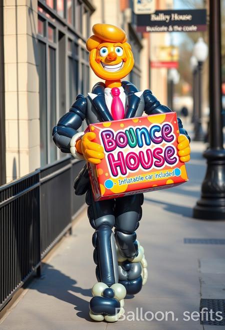 "A balloon business person, crafted from a dazzling array of colorful, twisted balloons, strode down the sidewalk, beaming with joy, while clutching a vibrant, oversized box emblazoned with the words " Bounce House " in bold, bubble letters, and "Inflatable car included" in smaller, yet equally eye-catching, text. The balloon person's suit, a masterful creation of inflated, curved balloons, shimmered in shades of navy, gray, and white, complete with a balloon tie and balloon shoes that seemed to bounce with each step. As they walked, their balloon limbs flexed and twisted, like a living, breathing, three-dimensional sculpture, casting long, curved shadows on the sidewalk. The balloon person's eyes, two shiny, they were ready to show off their product, and with a proud smile, they held up the box, their balloon hands cradling it with tender, inflated care."