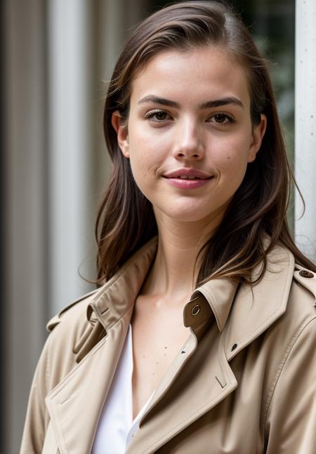 RAW close up portrait photo of alexandrabotez-ti, natural lighting, 8k uhd, dslr, high quality, film grain, Fujifilm XT3, by Dorothea Lange, Trench coat and ankle boots, casual clothing, well dressed