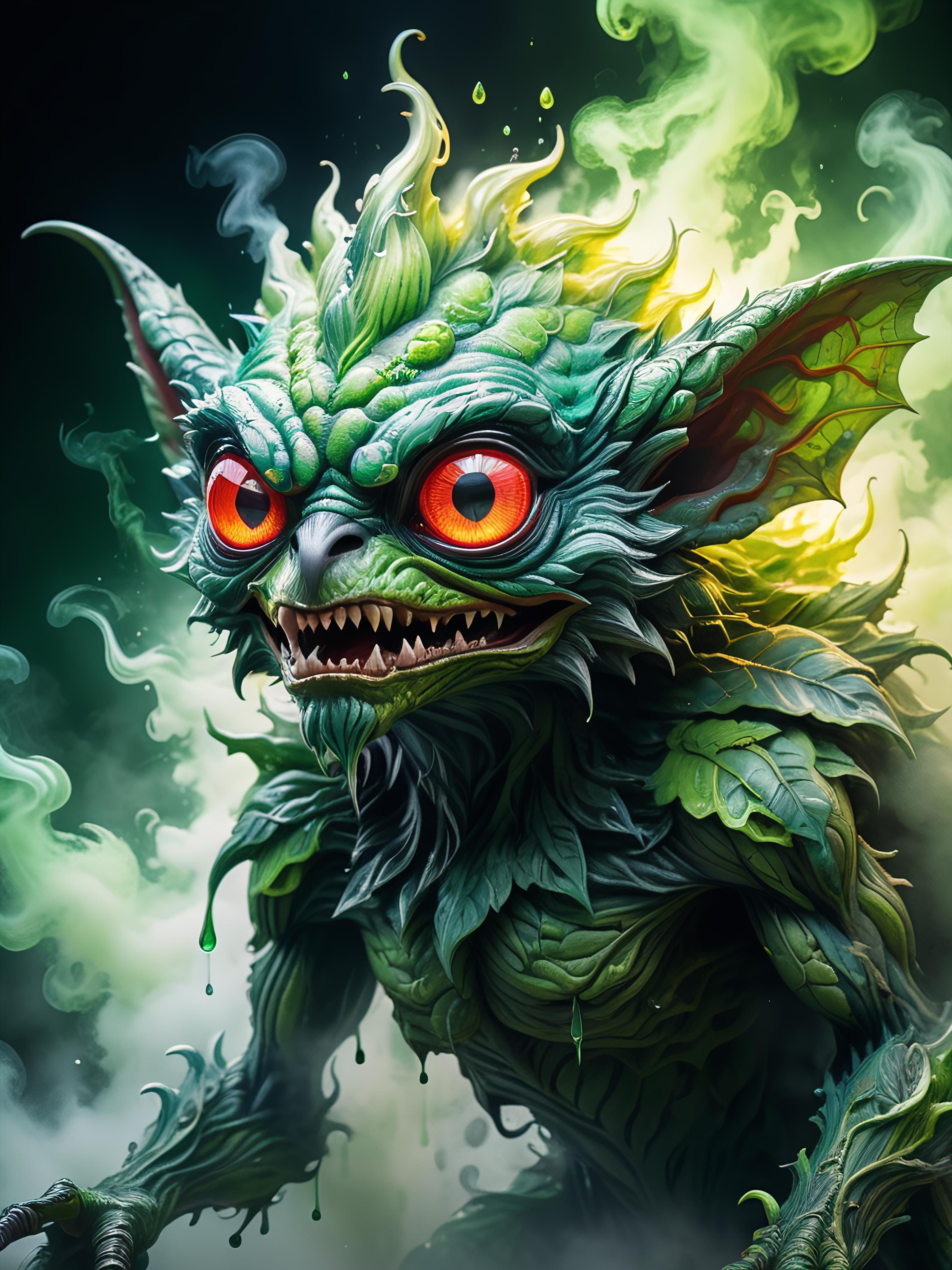 Angry green creature with red eyes, possibly a demon or an alien, stands in a dark background.