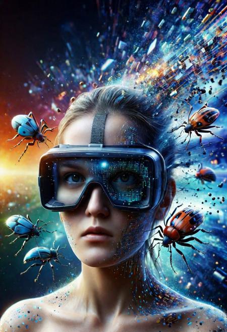 Virtual reality theme, several computer bugs, (binary code skin:1.3), (screen glitch effect:1.2), scattered across digital landscape, wide shot, collective, (distinct facial features:1.4 on bugs), cyber world, high contrast, virtual landscape, a group of computer bugs causing chaos in a virtual environment