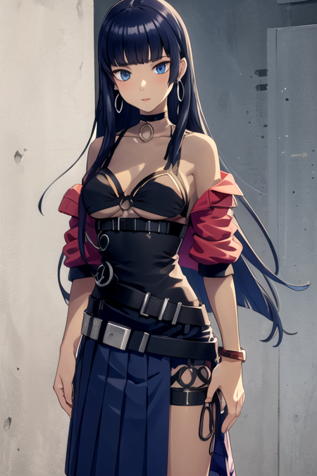 EriIbusaki, 1girl, solo, long hair, blue eyes, pleated skirt, black hair, dress, cleavage, jewelry, medium breasts, blue hair, red jacket, pleated skirt, hoop earrings, choker, belt, blunt bangs, black skirt, off shoulder, bracelet, see-through, thigh strap