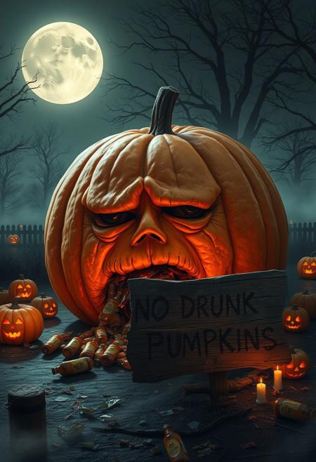 “Enormous orange pumpkin with a tired, worn-out expression, sitting on the ground as it vomits its own pumpkin guts. Empty beer bottles scattered around, as if it just had a long night of drinking. Surrounding the pumpkin are spooky Halloween elements: glowing jack-o’-lanterns, eerie fog creeping along the ground, flickering candles inside skull-shaped lanterns, and a few scattered candy wrappers. A full moon casts a dim light over the scene, with creepy shadows from nearby trees and faint ghostly figures in the distance. In front of the pumpkin, a decayed, broken wooden sign stands with deep engravings that read ‘NO DRUNK PUMPKINS,’ adding a darkly humorous touch to the eerie atmosphere.”