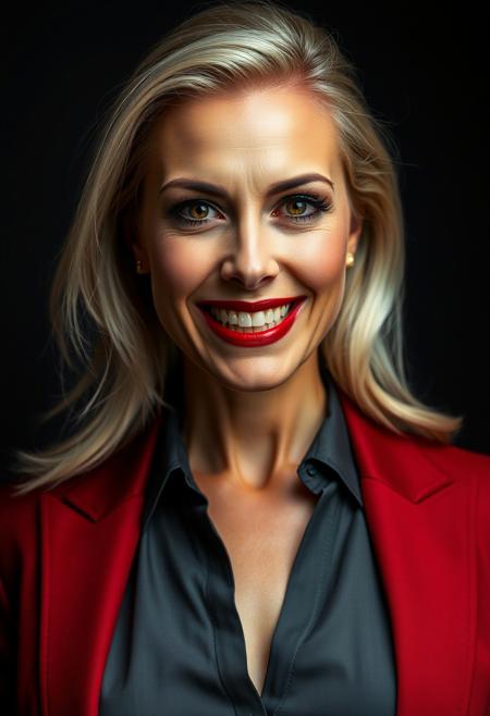 Portrait of a  40 year old beautiful female in a crimson red business suit, grey blouse with cleavage, She has big blonde hair. They have a spray tan that is slightly overdone.  Their pupils are black onyx colored and look slightly inhuman with a reddish tinge .  The background is also dark, emphasizing the formal attire and creating a dramatic, sophisticated mood. The overall tone is professional and serious. This person looks sinister despite being  pretty   They radiate menace and have an evil smile with an open mouth that shows overly bright teeth with slightly elongated canines as if demonic , blood red lipstick that looks moist and wet