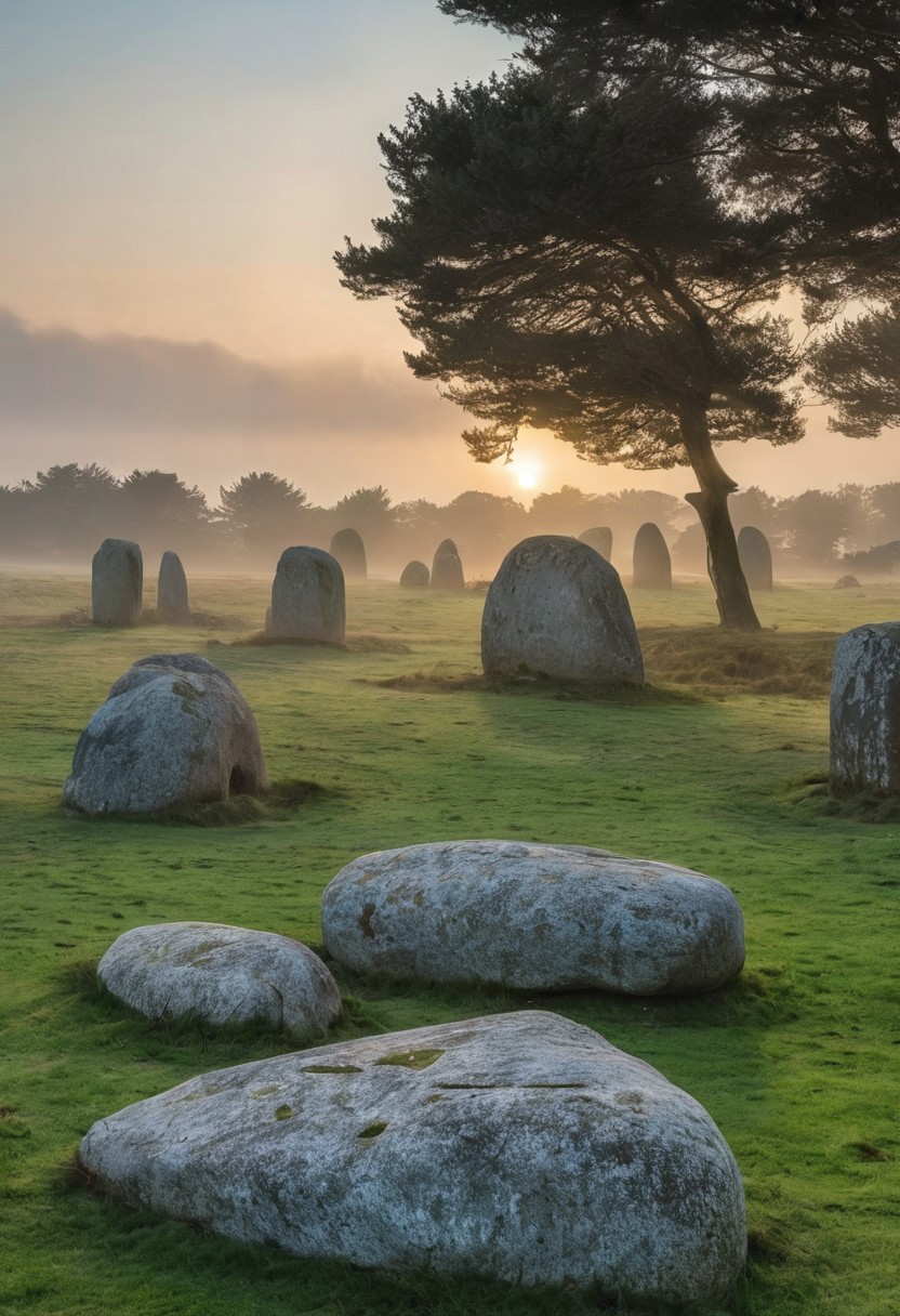 View of the alignments of menhirs of Carnac in Brittany, in the early morning, the Breton countryside is calm with a little mist, the rays of the sun illuminate the whole scene, the menhirs are of all sizes, there are no humans just a few cows