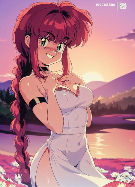 (retro artstyle, 1990s (style):1.4)
<lora:bluethebone-68:1>,
masterpiece, bluethebone,  1girl, very long hair, absurdly long hair, braid, single braid, red hair, green eyes, freckles, white dress, outdoors, sunset, flower field,(flowers, hair flower, hand in hair),blush, armlet, choker, smile, detailed hand