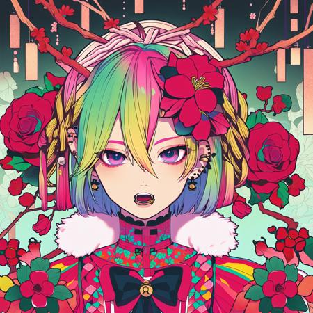 (masterpiece, best quality), (solo, 1girl), (blonde hair, pink hair, green hair, gradient hair, short hair, hair between eyes, hair flower, hair ornament), (multicolored eyes, purple eyes, looking at viewer),  (flower, red flower), open mouth, bangs, piercing, ear piercing, jewelry, earrings, jingle bell, branch,