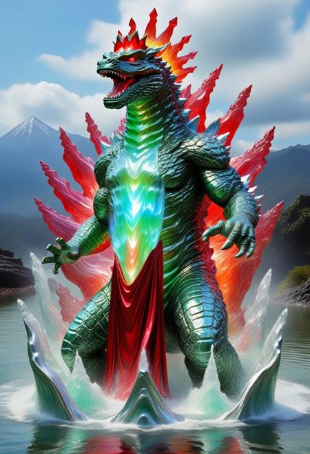 (made of l1qu1dp34rl):2, (pearlescent):2, (iridescent geen and red hues),(waterbender):3, gemstone crowned ((stone Godzilla)) emerging from silver mountain,electric robe,dynamic pose, colorful water flows