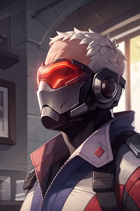 portrait, soldier76, visor, mask, jacket, upper body, indoors, sunlight, best quality, <lora:soldier76:0.7>