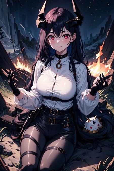 Masterpiece, caera, 1girl, solo, long hair, blush, smile, large breasts, shirt, black hair, red eyes, gloves, long sleeves, hair between eyes, sitting, closed mouth, white shirt, boots, outdoors, horns, sky, black gloves, collared shirt, pants, black footwear, armor, high heels, tree, night, black pants, fire, star (sky), night sky, high heel boots, starry sky, dragon horns,  <lora:Caera-01:1>