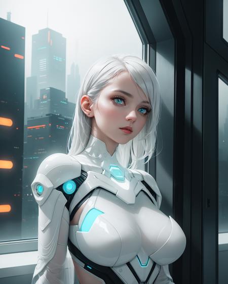 Upper body professional photo. Ethereal gorgeous humanoid alien girl. (Her body appears to be made of a white plastic porcelain material:1.2). Intricate lines and patterns adorn her body. Highly detailed beautiful expressive eyes. She's surrounded by an ethereal neon blue fog. Sleek futuristic look. Erotic and sensual. In a spaceship. (View of futuristic cyberpunk city through the window:1.2). Sterile, portrait photography, cinematic, white and light gray color scheme. Photorealistic, Natural atmospheric lighting, intricate details, 35mm photograph, film, professional, 4k visuals, highly detailed, elegant, studio quality.