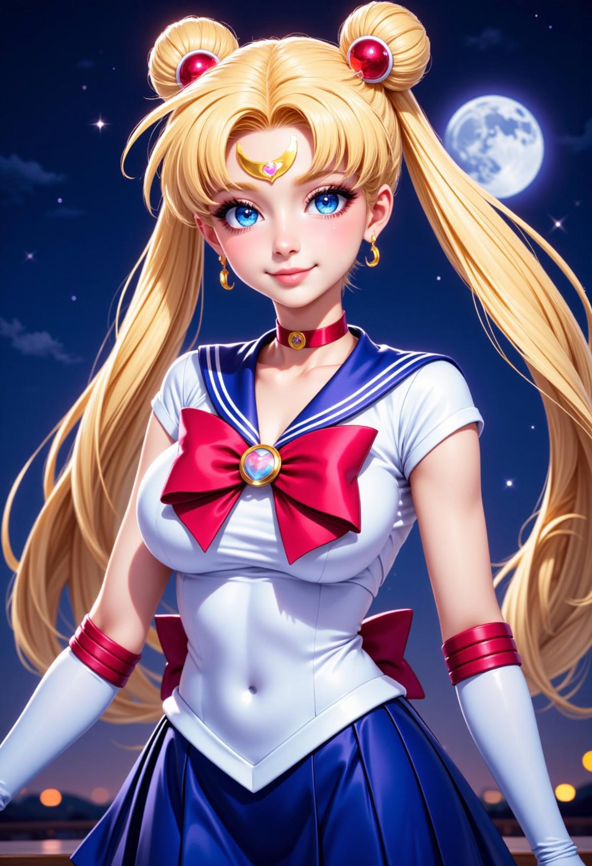 zzCitronCAT, tsukino usagi, sailor moon, 1girl, solo, long hair, medium breasts, 25 year old, blush, smile, bangs, blue eyes, skirt, blonde hair, shirt, hair ornament, gloves, bow, twintails, jewelry, very long hair, closed mouth, collarbone, white shirt, short sleeves, heart, cowboy shot, pleated skirt, earrings, sky, choker, elbow gloves, white gloves, bowtie, sailor collar, hair bun, red bow, blue skirt, parted bangs, double bun, night, magical girl, moon, blue sailor collar, crescent, brooch, red bowtie, night sky, full moon, circlet, back bow, red choker, sailor senshi uniform, heart brooch, heart choker, crescent earrings,