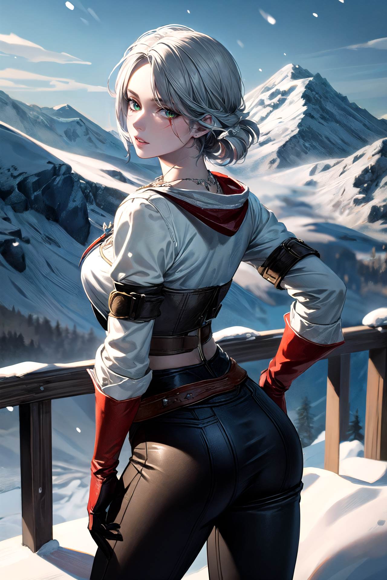 (masterpiece, best quality, detailed), 1girl, solo, looking at viewer, (W3Ciri), white hair, green eyes, scar on face,
glo...