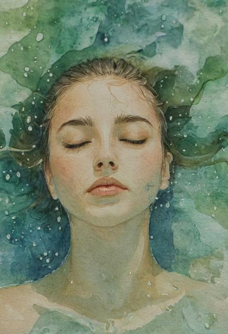 Watercolor image
A serene image of a woman in a pool, shot from the front.  splashes and suspended droplets around her face. Her eyes are closed or half-closed in a calm, meditative expression. Natural lighting, soft and diffused, creates a gentle, dreamy atmosphere. Slight motion blur on the water droplets for realism. Shallow depth of field with the focus on the face and water textures. The photo feels candid and emotional, evoking peace and introspection.  green and teal tones in the water.
novuschroma75 style watercolor,