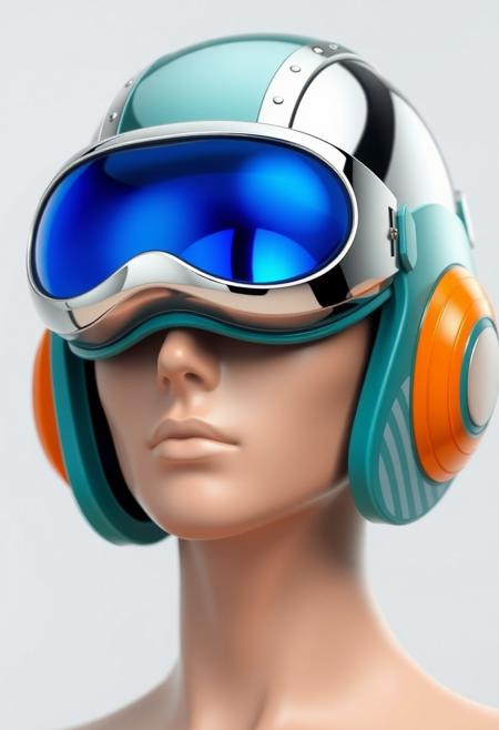 The figure's head is encased in a streamlined helmet, predominantly chrome with teal accents. The helmet appears highly polished, with a smooth, almost glossy finish. Integrated into the helmet are large, circular, reflective lenses that cover the eyes entirely. The lenses glow with blue hue, giving off a cool, futuristic aura. These oversized goggles suggest an augmented reality or heads-up display function, typical of high-tech environments. Around the figure’s ears are sleek, futuristic headphones, which are seamlessly built into the helmet design. These headphones are primarily orange with grey, horizontal stripes along the side, indicating an interface for communication or audio enhancements. The skin tone appears smooth and artificial, hinting at synthetic or modified human characteristics