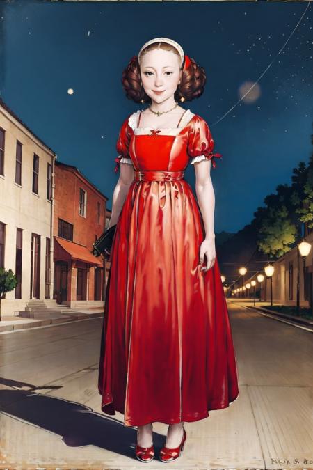 <lora:hhy-000010:.9>,portrait,full body,long red dress,high hell,short curly hair,red hair,black eyes,standing,city street,Starry night,smile,looking at viewer,1girl,