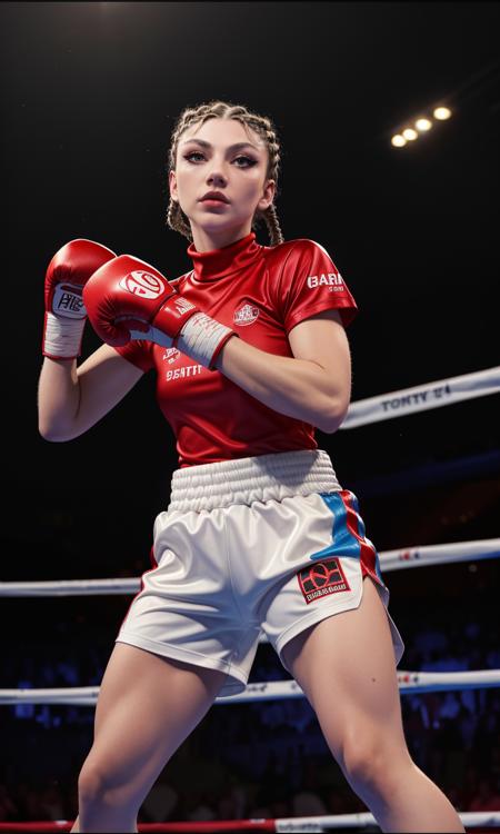 justAMinx2024, 1girl, best quality, masterpiece, 5 fingers, depth of field, raw photo, photorealistic, turtleneck, walking, depth of field, long hair, looking at viewer, skin pores, focus on eyes, mascara, short braids, short hair, cornrows, boxing gloves, white t-shirt, red shorts, boxing ring, boxing boots, boxing pose, fighting stance,