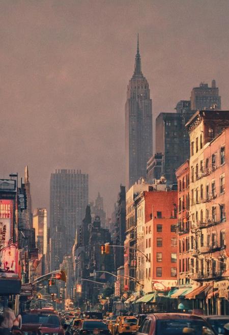 A vibrant, vibrant New York city scape softened by soft, warm lighting. The style showcases a vintage aesthetic with a muted color palette reminiscent of classic photography.