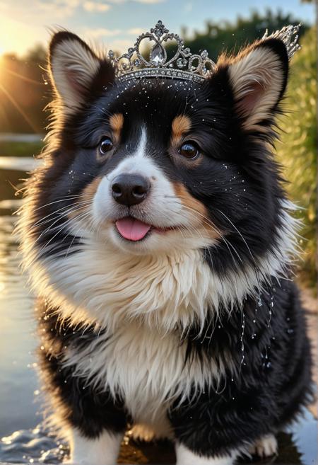 beautiful fluffy animal, black jacket, wide hips, tiara, hyper realistic lifelike texture, splashes, water, light source contrast, distinct, tongue out, detailed background, "OverallDetail, :D, hyperdetailed photography, celestial, dimmed colors, sharp shot, natural light, blurry foreground, adorable, sunrise