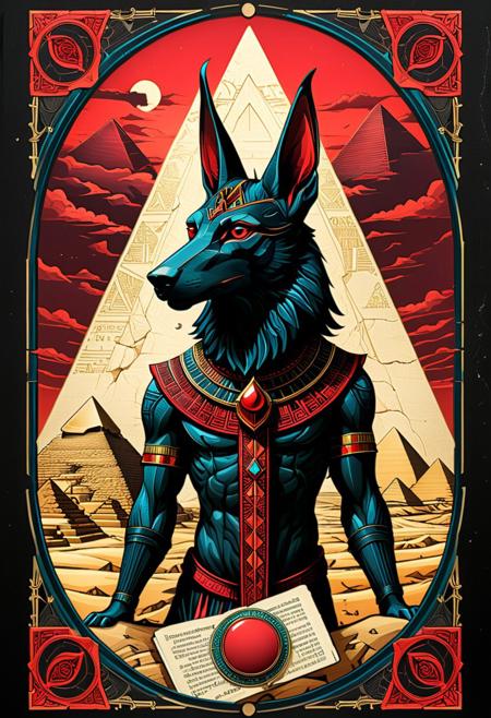 pen and ink, liquid ink, best quality, double exposure, vintage triadic red colors, "ANUBIS" tarot card, eerie and detailed image, Craola, Dan Mumford, Andy Kehoe, 2d, plan, vintage, art in cracked paper, patchwork, detailed storybook illustration, cinematic, ultra highly detailed, mystical, luminism, vibrant colors, complex background<lora:xl_more_art-full_v1:0.5>, ancient egypt, death, pyramids