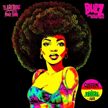 70's record album cover named "Buzz" by "The Lovetrons from Planet Funk", detailed digital illustration, psychedelic, afro, woman, tiedye