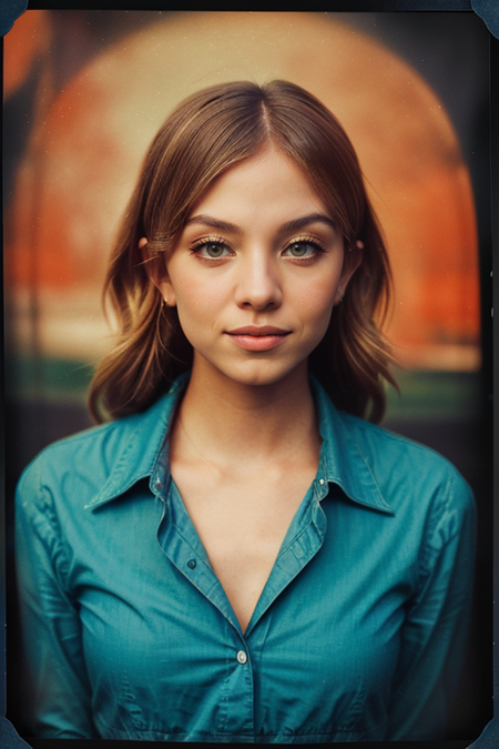 SydneySweeney, Century Camera Co. Studio, 160mm f/8, 1/10s, ISO 25, ((tintype:1.3)), ((portrait, full color, bold color, orange, red, gradient)), blouse, ((geometric halftone background))