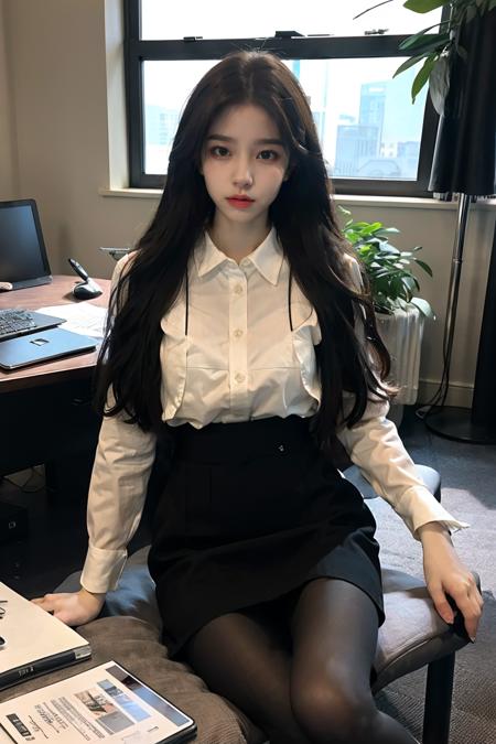 (masterpiece:1.2), (best quality:1.2),realistic, photorealistic,HDR,UHD,8K,Highly detailed,8k,cinematic_lighting,reality_ray_tracing,1girl,long hair, black hair, medium breasts, collared shirt,pencil skirt, black pantyhose, legs,potted plant,sitting, office chair,office, looking at viewer,  <lora:zzmv:0.8>