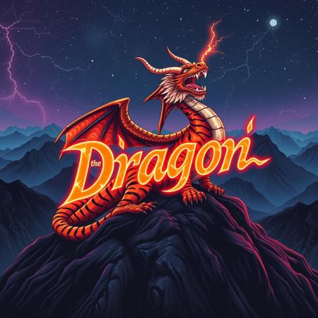 A tiger-striped dragon sitting on a mountain-top. Orange and black stripes.  Two horns.  Dragon Wings. Roaring.  Breathing fire.
Background mountains at night. Cosmic skyscape.  Synthwave colorscheme. Very realistic, fantasy illustration.
with the phrase "Dragon" emblazoned in 3D, intricate, lightning patterns, with a predominantly neon colors,