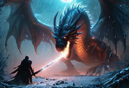 evil frozen dragon, realistic, In a cyberpunk-inspired realm, Theme: Futuristic, cyberpunk-inspired The Moon: A figure, walking through a dark, foggy forest, is haunted by ghostly apparitions. The background is the silhouette of a dragon emerges from the darkness, its form composed of the same vibrant energy. The entire scene is bathed in a contrast of deep blacks and brilliant frozen dragon, creating a dynamic and visually striking composition. Particles of light scatter through the air, adding to the mystical atmosphere. This digital illustration blends elements of anime artistry with futuristic aesthetics, resulting in a captivating image that radiates energy and intensity, snowing, ready for battle, holding sword, bright thunder, red fireflies lightning <lora:CyberRealistic_Negative-neg:1> <lora:patty_cake:1> <lora:detailed_notrigger:1>  <lora:XL_boss_battle:1>