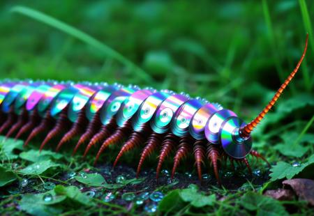 macro photo, centipede made of cd's, dirt, rocks, leaves, antennae, dew, water droplets, outside, grass