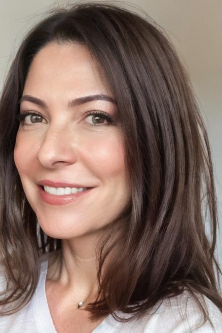 Portrait photo of an4pp4dr40 woman, (light bokeh)++, (white tshirt)+, detailed face, in a bedroom, makeup, smile