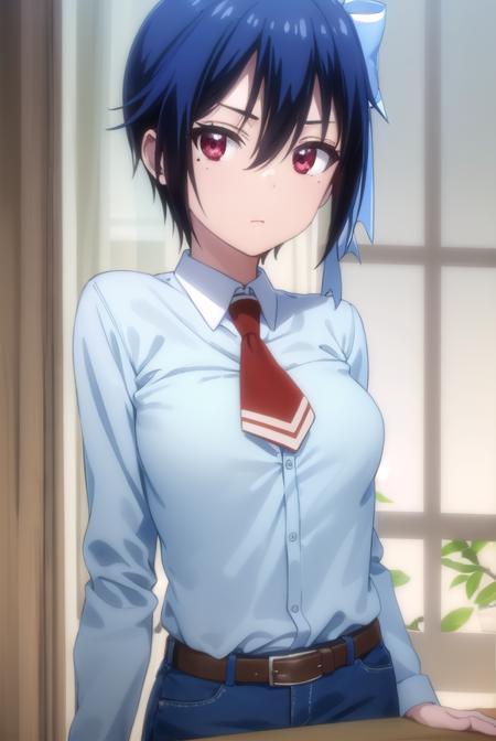 seishiroutsugumi, <lora:seishirou tsugumi s2-lora-nochekaiser:1>,
seishirou tsugumi, short hair, (red eyes:1.3), bow, blue hair, hair bow, mole, mole under eye, blue bow,
BREAK blazer, shirt, long sleeves, white shirt, necktie, collared shirt, belt, pants, red necktie,
BREAK indoors, classroom,
BREAK looking at viewer, (cowboy shot:1.5),
BREAK <lyco:GoodHands-beta2:1>, (masterpiece:1.2), best quality, high resolution, unity 8k wallpaper, (illustration:0.8), (beautiful detailed eyes:1.6), extremely detailed face, perfect lighting, extremely detailed CG, (perfect hands, perfect anatomy),