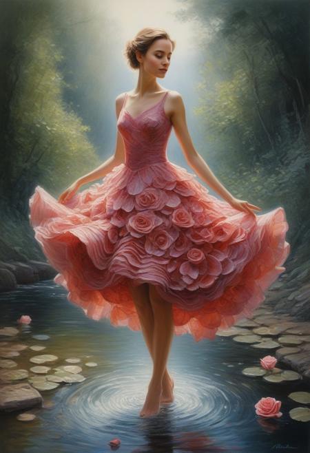 A fairy in a dress made of one huge rose. one rose in the form of a dress. a flower dress. layered dress in the form of rose petals. 
sketch, drawing, high detail. layering, double exposure. 
The fairy is flying over the stream, fantasy, magically. Portrait full body, a painting of a very beautiful young woman Charming pencil sketches by Albert Eckhout, in full color In this fascinating acrylic painting you can see a charming woman. The dress is very elegant and very well made. This stunning image captures the viewer's attention with its vibrant tones and dreamlike atmosphere. The expertly crafted brush strokes and intricate details show the artist's skill, making the image truly captivating. Through vivid colors and meticulous execution, the painting showcases the artist's ability to create a stunning and visually striking depiction.