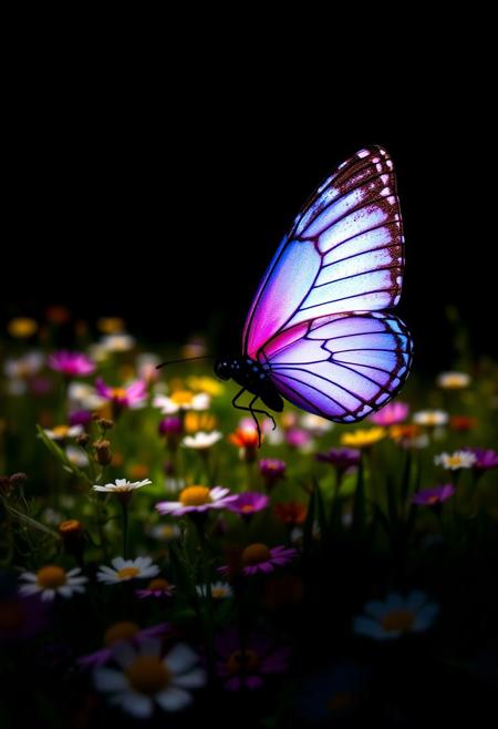 A delicate butterfly's glowing side profile silhouetted against a lush meadow, its wings spread wide as if embracing the vibrant blooms within. A kaleidoscope of colors - yellows, pinks, blues, and whites - dance across the landscape, set against a deep black background that accentuates the butterfly's ethereal glow.