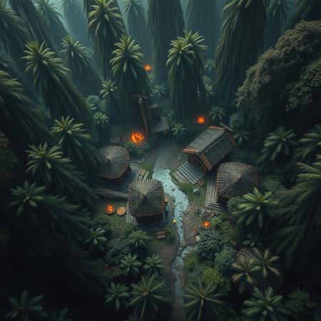 top down view of a large sci fi indigenous peoples settlement in a forest (up close, flora, masterpiece sci-fi dark gritty hyperrealisitic concept art 8k) , dappled light forest. raining, fires