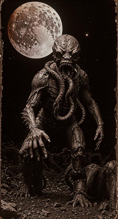 sepia old photo, damaged, early 19th century, 
fantasy, horror fantasy, during the lunar eclipse a conjunction of planets unleashes the portals to the underworld releasing barbed tentacled beasts out of the ichor of the night, lunar eclipse demon tentacles barbs ichor, uhd 8k hyper-realistic intricate detail, 
<lora:oldPhotoV1:0.9>,