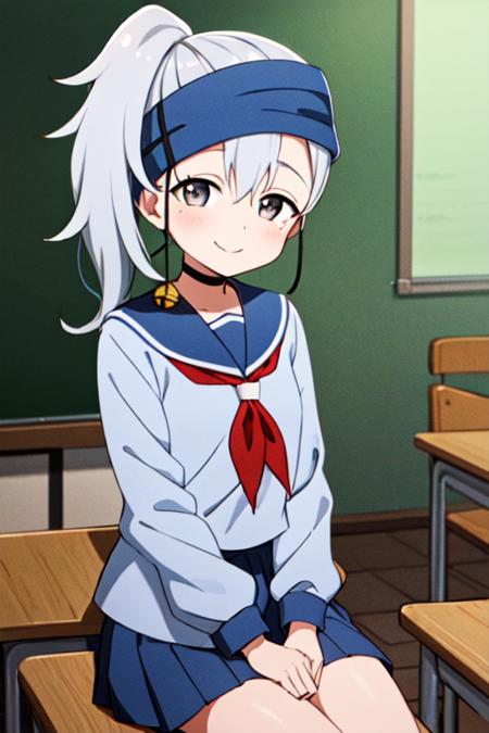 masterpiece, best quality, <lora:kunoichi_kikyou:0.7> 1girl, solo, grey eyes, grey hair, ponytail, white serafuku, sailor collar, red neckerchief, indoors, classroom, blue headband, jingle bell, smile,