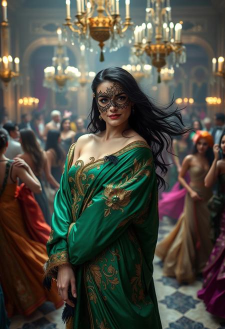 Claudia Chauchat, a 30-year-old Russian woman from Thomas Mann’s The Magic Mountain, depicted during the Mardi Gras chapter, in a photorealistic style, standing amidst the chaotic revelry of a masked ball in the sanatorium’s grand ballroom, wearing a vivid, exotic costume inspired by her Russian heritage, a loose, flowing silk robe in deep emerald green with intricate gold embroidery and feather accents, the robe slipping off one shoulder to reveal her pale, curvaceous figure, her dark, almond-shaped eyes framed by a delicate black lace mask, exuding a mix of seductive confidence and fleeting melancholy, her jet-black hair unbound and cascading wildly over her shoulders, her lips curved in a subtle, enigmatic smile, surrounded by masked dancers in colorful costumes twirling under dim chandeliers, the air filled with the scent of champagne and wax, captured in a candid, atmospheric snapshot focusing on an authentic moment, the ballroom lit by flickering candlelight and the soft glow of ornate chandeliers, with gilded mirrors reflecting the frenzy, scattered confetti on the polished floor, and a distant violin playing a haunting melody, emphasizing her captivating, decadent allure amid the sanatorium’s surreal celebration