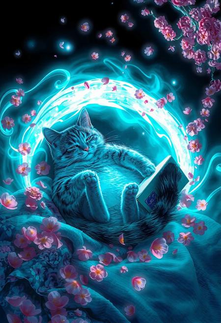 JNANX,luminous white silhouette,cyan glow,emerald highlights,flickering outline,dreamlike movement,rippling colors,drifting embers,infinite black background,psychedelic colors,ethereal,futuristic surrealism,gw,glowing,night,night sky,trippy,
Okay, here's a detailed English prompt based on the image, without mentioning specific names or locations and without generating an image:
"A tabby cat with extra toes (polydactyl) is lying comfortably on its back on a bed with a floral patterned blanket and a blue textured sheet. The cat has a relaxed expression, with its belly exposed and its paws slightly outstretched. The lighting is soft and natural, highlighting the cat's fur texture and the details of the bedding."
 curled up in the center of a cherry blossom spiral, reading a book, surrounded by swirling petals and flowing ink textures, soft lighting, peaceful expression, dynamic composition, Japanese art style, elegant and emotional