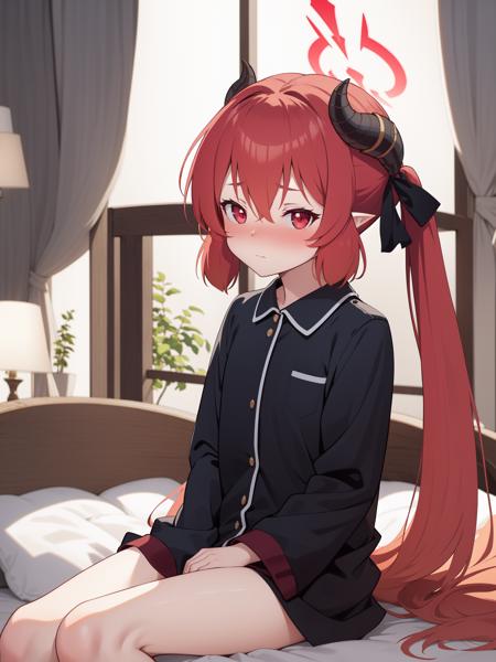 junko (blue archive) hair between eyes, twintails, very long hair, red hair, horns, pointy ears, red eyes, black ribbon, halo, demon horns, demon wings