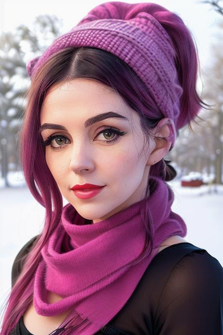 photo of a woman, tabootie:0.99, ((pink hair, ponytail):1.2) ((closeup, portrait):1.2), ((outdoors, snow):1.2), ((scarf, warm hat):1.2),((red lipstick, eyeliner,eye shadow, blush):1.2), ((best quality, masterpiece, extreme details, high resolution):1.2),((detailed eyes, beautiful eyes, detailed face, beautiful face):1.2)