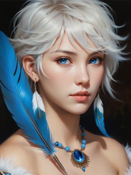 <lora:07RomanticismArt_Hap_XL:1>, romanticism oil painting,   Adult, mature, perfect anatomy, perfect hands, expressive eyes, detailed eyes, y'shtola, yshtola, solo, 1girl, miqote, (blue feather earrings), (feather earrings),