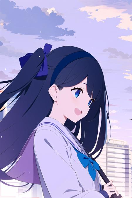 1girl, umbrella, solo, blue eyes, flower, long hair, outdoors, holding umbrella, smile, holding, black hair, hair between eyes, sky, hairband, open mouth, shirt, cloud, bow, jacket, building, white shirt, blush, upper body, black hairband, collared shirt, bowtie, day, one side up, school uniform, sunlight, upper teeth only, purple bow, long sleeves, hydrangea, city, cloudy sky, purple bowtie, blue sky