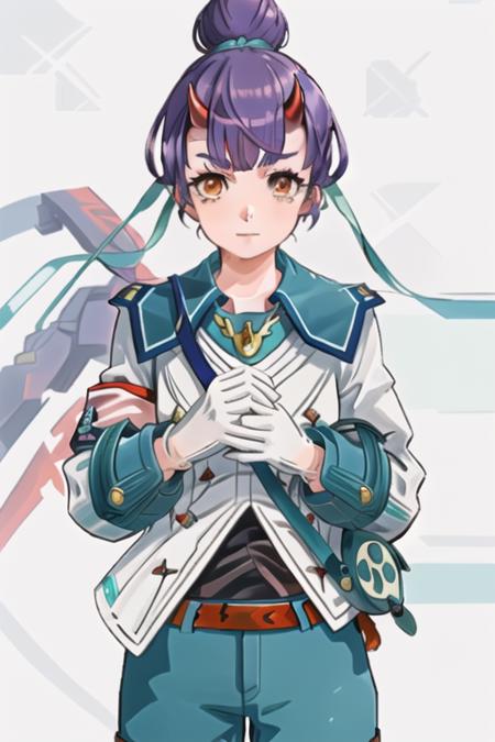 <lora:Fiona_xenoblade_3-10:1>, Fiona \(xenoblade\), 1girl, bangs, brown_eyes, eyebrows_visible_through_hair, purple hair, (red horns:1.2), oni horns, hair bun, blue hair ribbon, jacket, sailor uniform, white  gloves, long_sleeves, armband, mitsudomoe(shape),