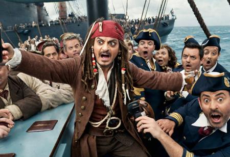 Johnny Depp dressed as Captain Jack Sparrow taking a selfie with 
Rowan Atkinson dressed as Mr Bean on the board of a sinking ship, in the background you can see the sailors yelling and screaming , realistic, complementary colors . octane render, highly detailed, volumetric, dramatic lighting