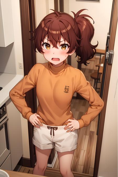 best quality, masterpiece, detailed,
<lora:ImoutoSaeIrebaIi_HarutoImouto-000010:0.8>, HarutoImouto,
solo, open mouth, blush,
brown hair, brown eyes, side ponytail, fang,
turtleneck, orange sweater, white shorts,
standing, hands on hips, looking at the viewer,
indoors, kitchen